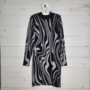 Women's Sweater Dress Metallic Silver Black Swirl Winter Holiday Party.